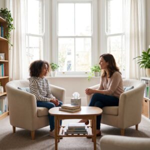 Woman and child sit in armchairs facing each other in a bright living room, sharing a calm conversation at a small coffee table.